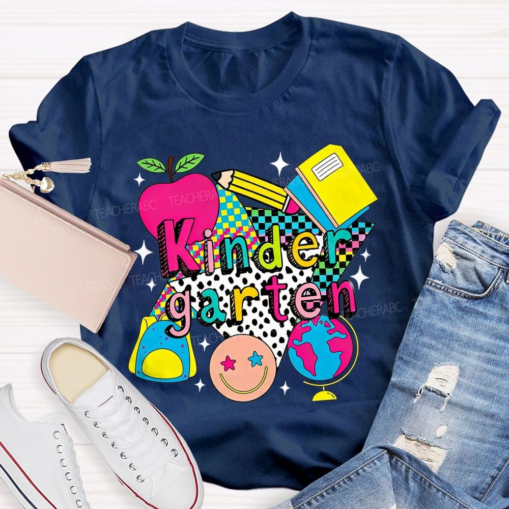 Personalized Grade Colorful Checkerboard Pattern Teacher T-Shirt