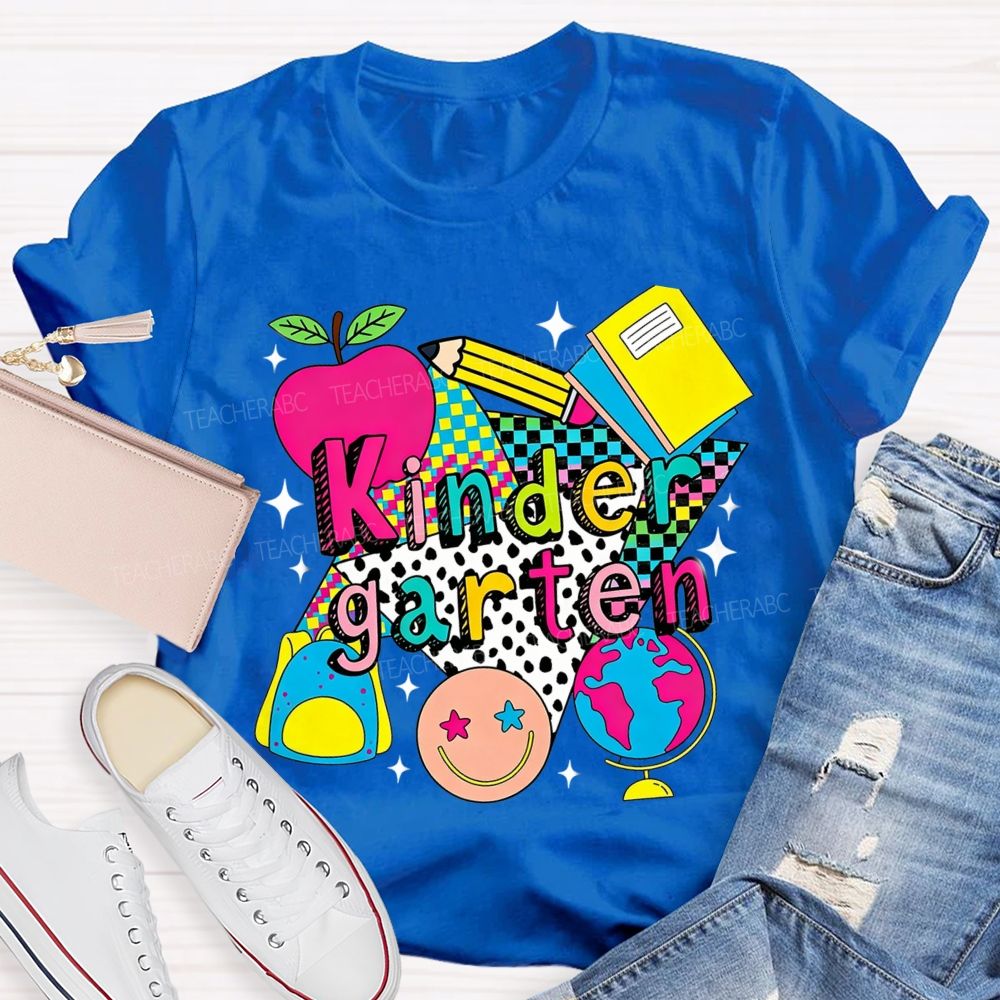 Personalized Grade Colorful Checkerboard Pattern Teacher T-Shirt