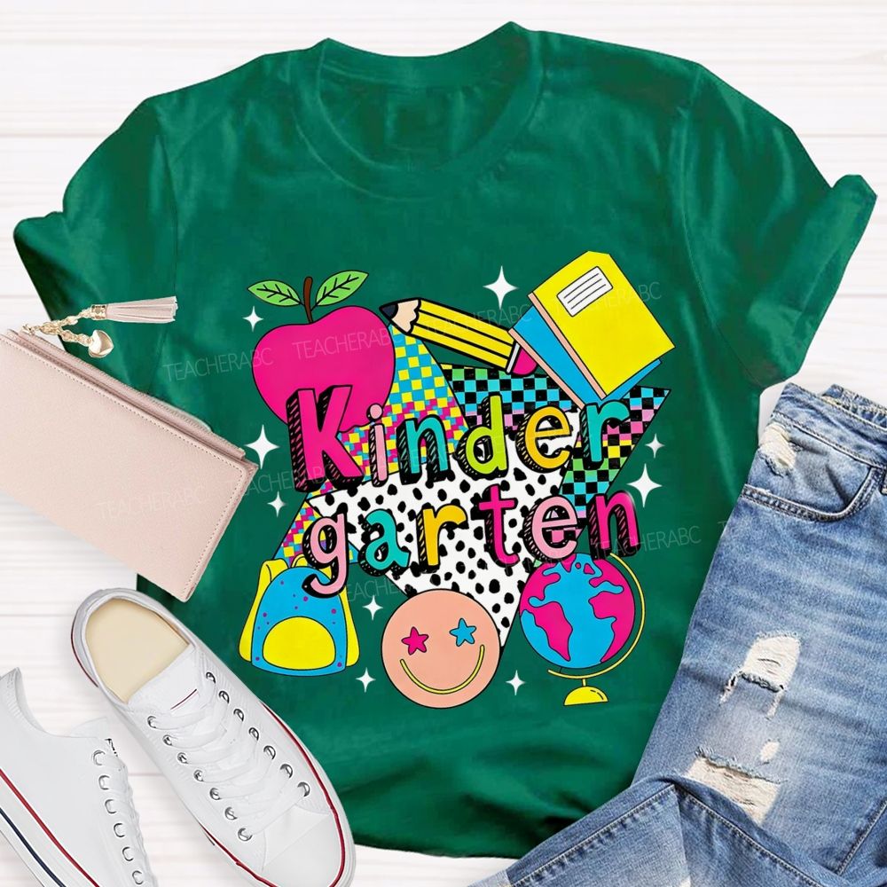 Personalized Grade Colorful Checkerboard Pattern Teacher T-Shirt