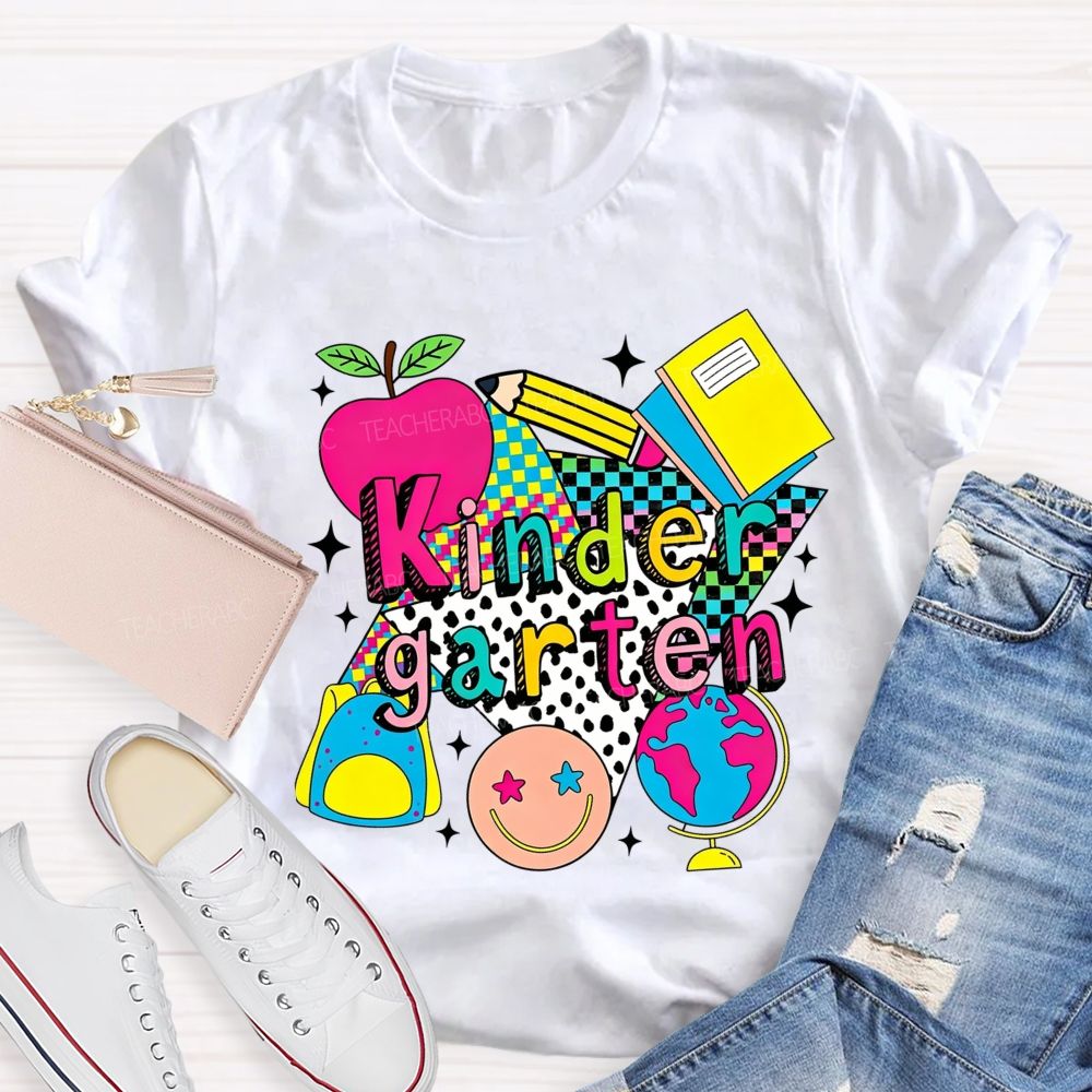 Personalized Grade Colorful Checkerboard Pattern Teacher T-Shirt