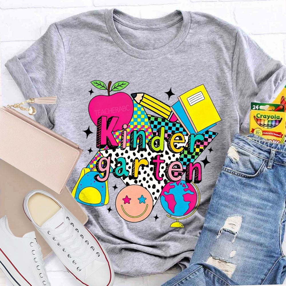 Personalized Grade Colorful Checkerboard Pattern Teacher T-Shirt