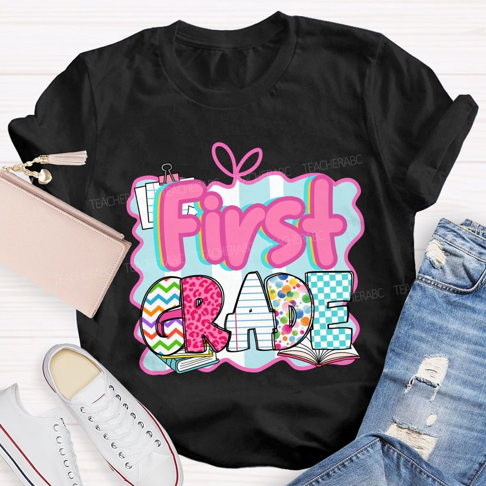 Personalized Grade Pink Letter Leopard Print Teacher T-Shirt