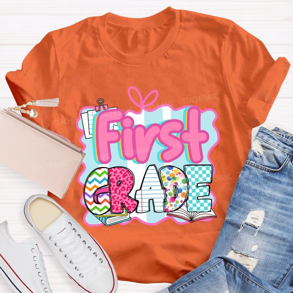 Personalized Grade Pink Letter Leopard Print Teacher T-Shirt