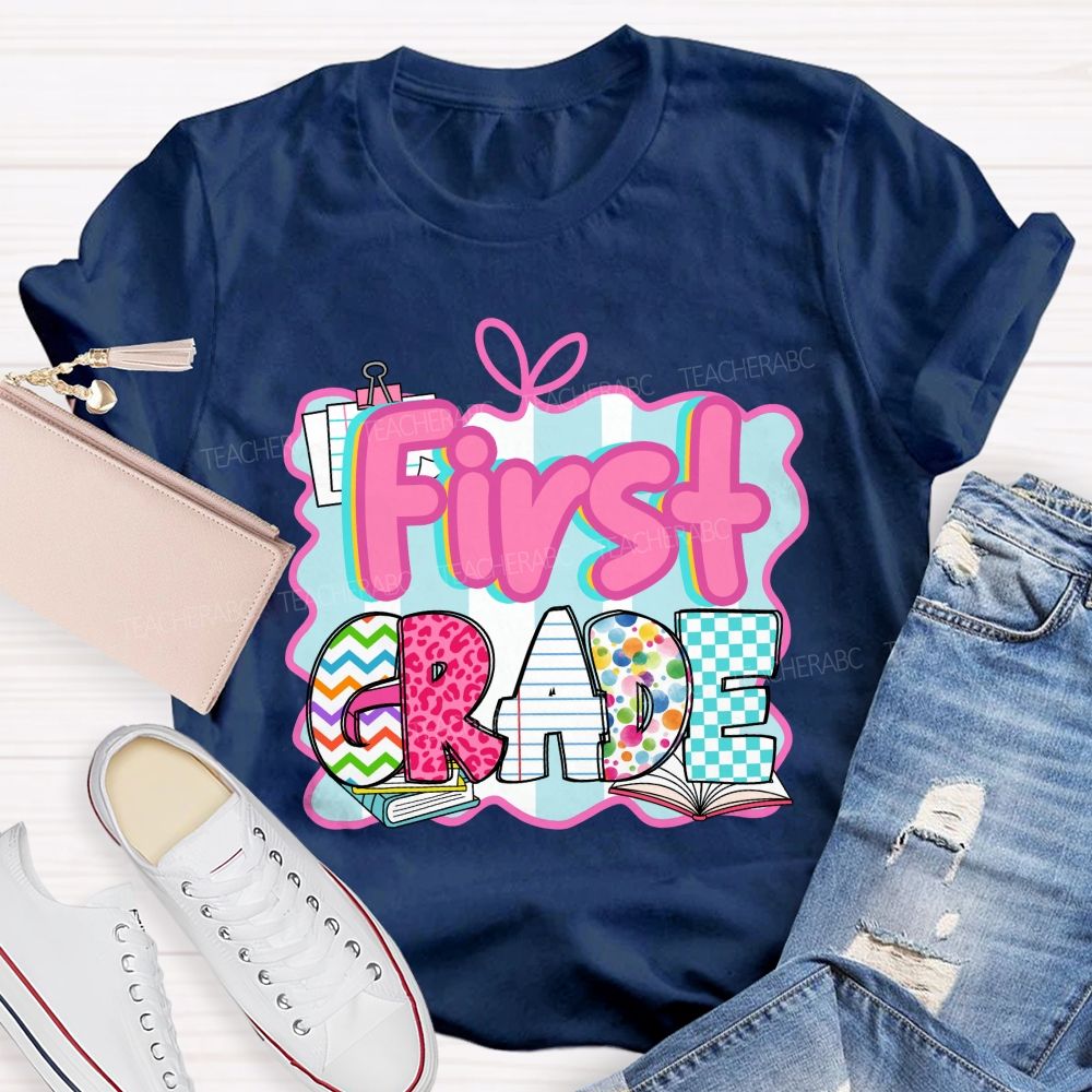 Personalized Grade Pink Letter Leopard Print Teacher T-Shirt