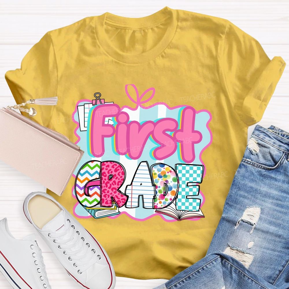 Personalized Grade Pink Letter Leopard Print Teacher T-Shirt