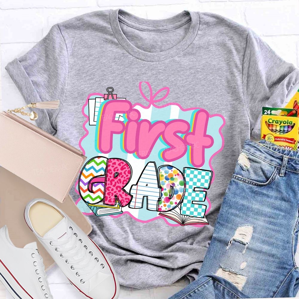 Personalized Grade Pink Letter Leopard Print Teacher T-Shirt