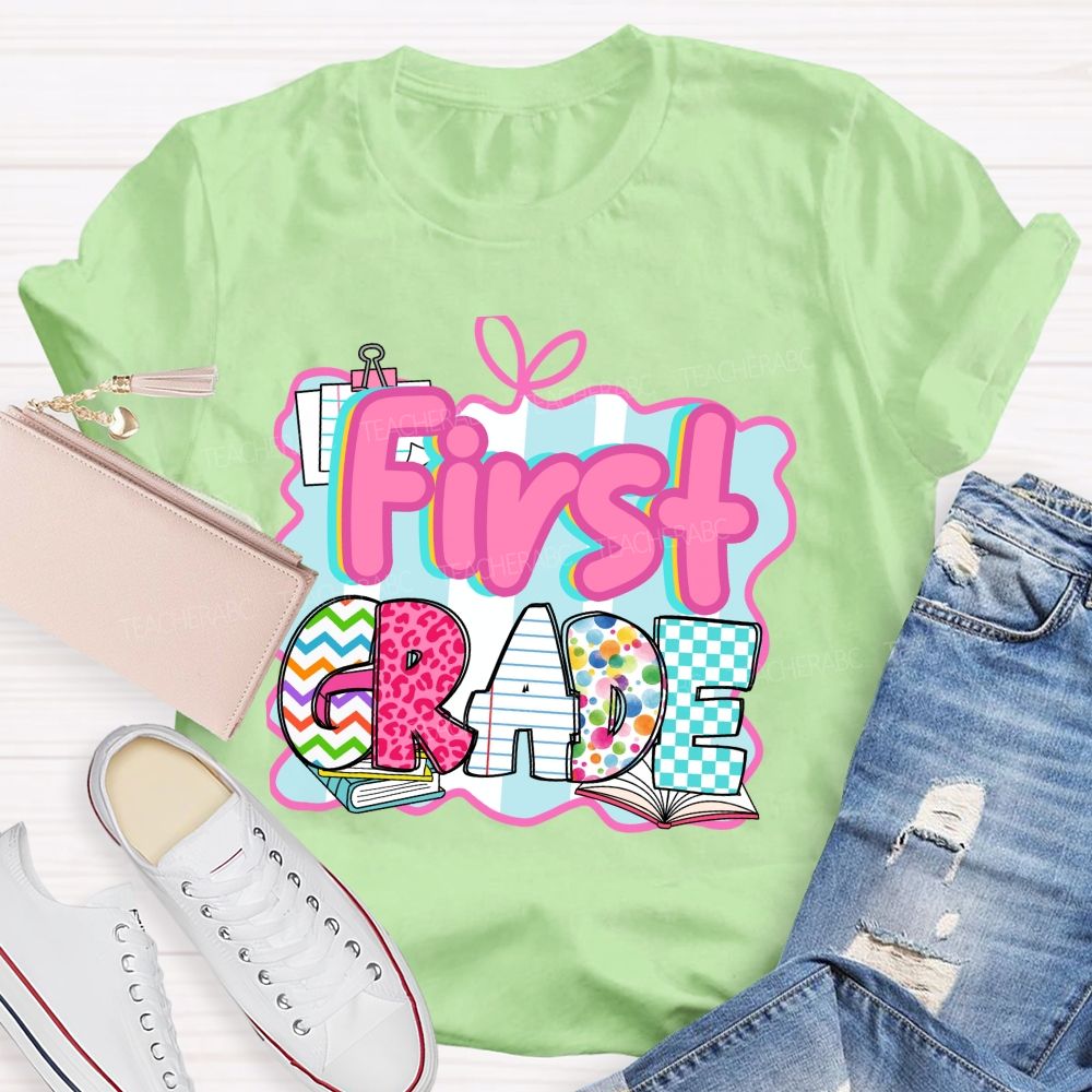 Personalized Grade Pink Letter Leopard Print Teacher T-Shirt