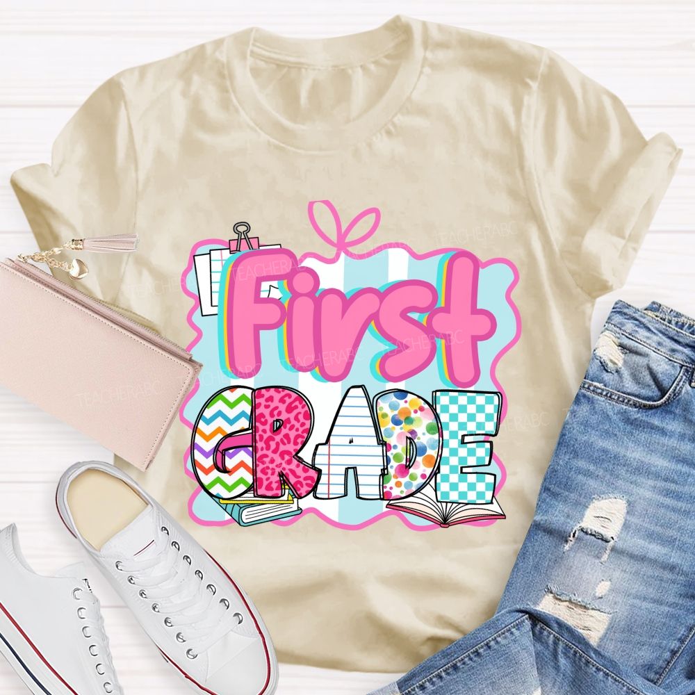Personalized Grade Pink Letter Leopard Print Teacher T-Shirt