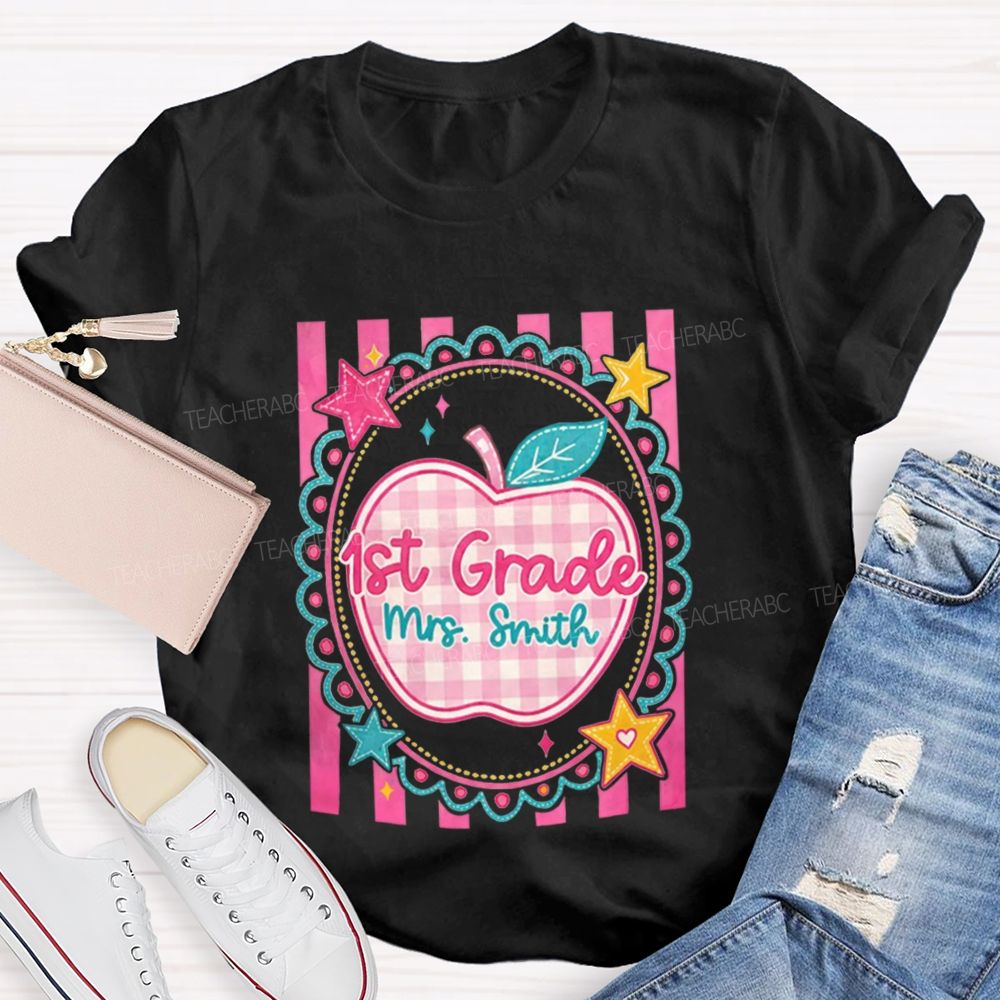 Personalized Grade And Name Pink Plaid-Print Apple Teacher T-Shirt
