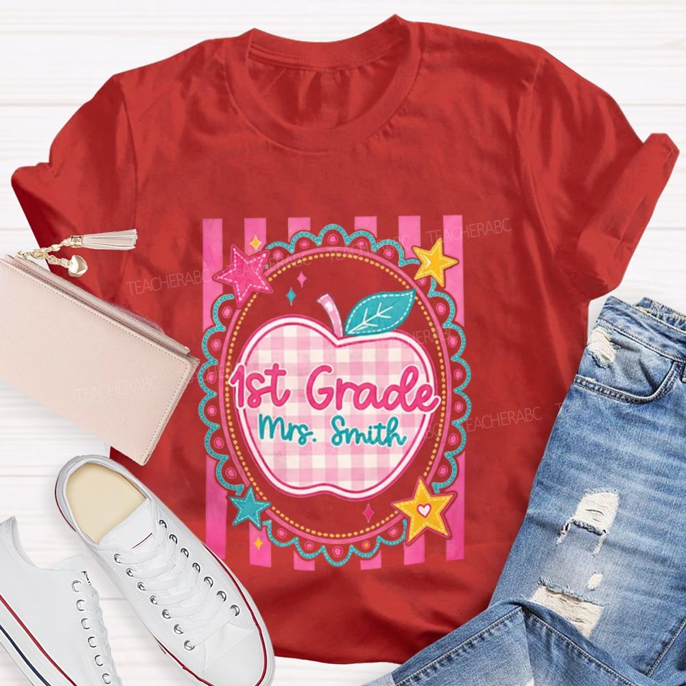 Personalized Grade And Name Pink Plaid-Print Apple Teacher T-Shirt