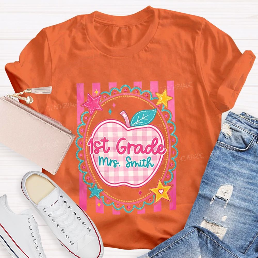 Personalized Grade And Name Pink Plaid-Print Apple Teacher T-Shirt