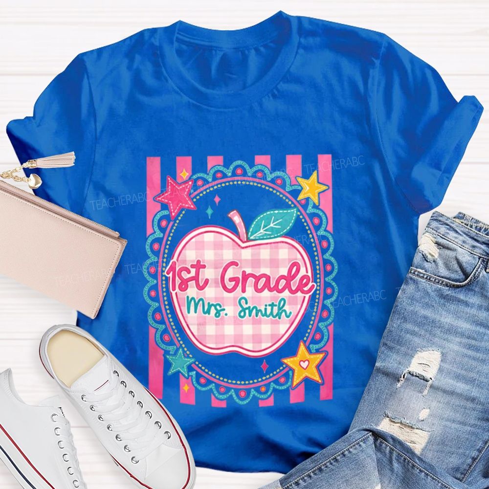 Personalized Grade And Name Pink Plaid-Print Apple Teacher T-Shirt
