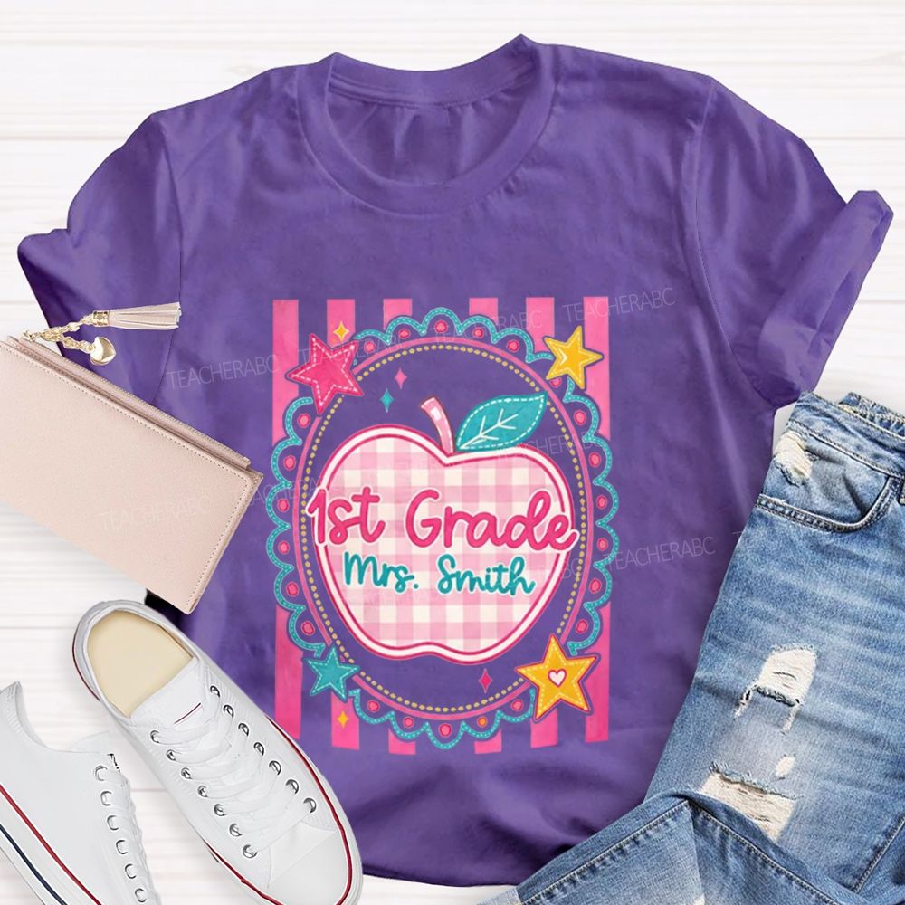 Personalized Grade And Name Pink Plaid-Print Apple Teacher T-Shirt