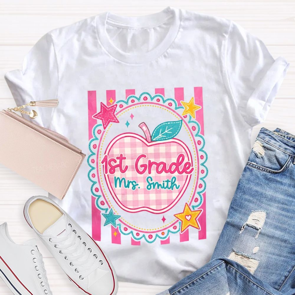 Personalized Grade And Name Pink Plaid-Print Apple Teacher T-Shirt