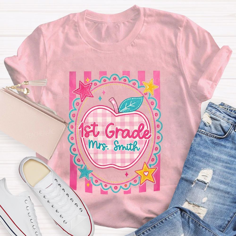 Personalized Grade And Name Pink Plaid-Print Apple Teacher T-Shirt