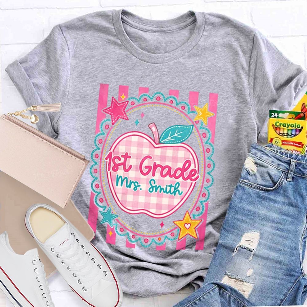 Personalized Grade And Name Pink Plaid-Print Apple Teacher T-Shirt