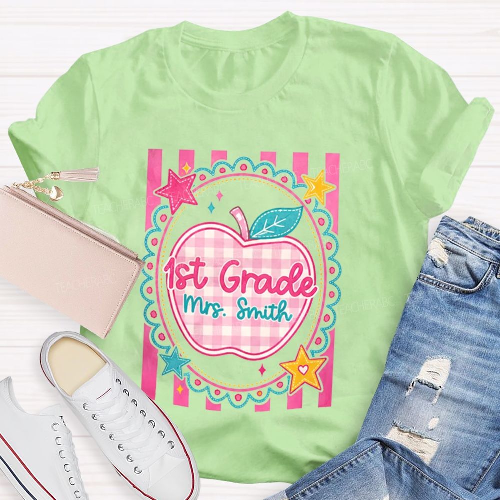 Personalized Grade And Name Pink Plaid-Print Apple Teacher T-Shirt