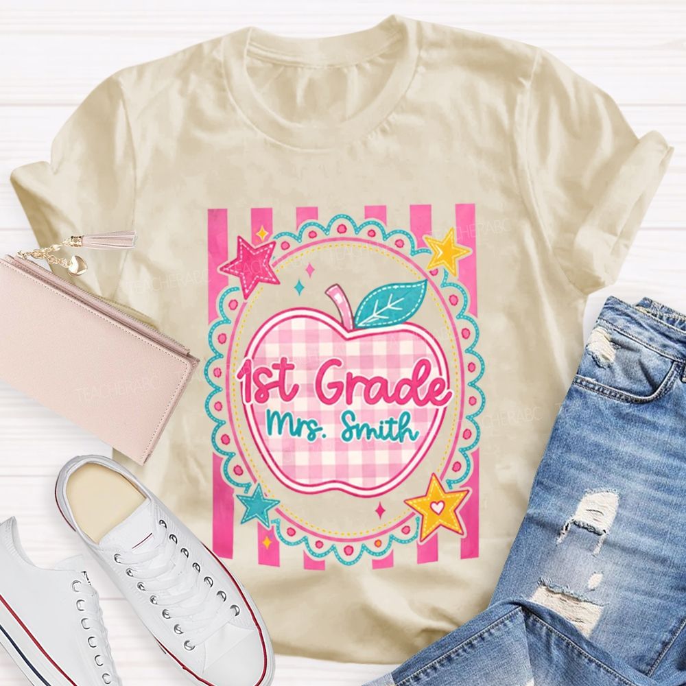 Personalized Grade And Name Pink Plaid-Print Apple Teacher T-Shirt