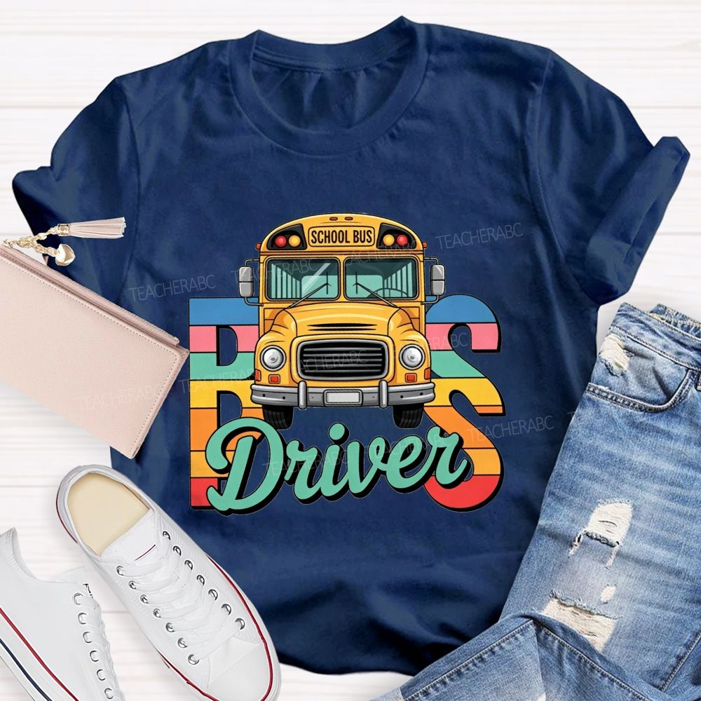 Rainbow Gradient Cartoon School Bus Bus Driver T-shirt