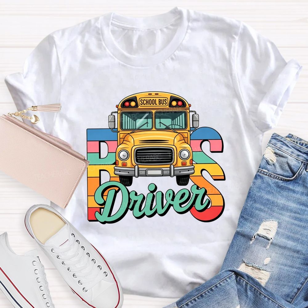 Rainbow Gradient Cartoon School Bus Bus Driver T-shirt