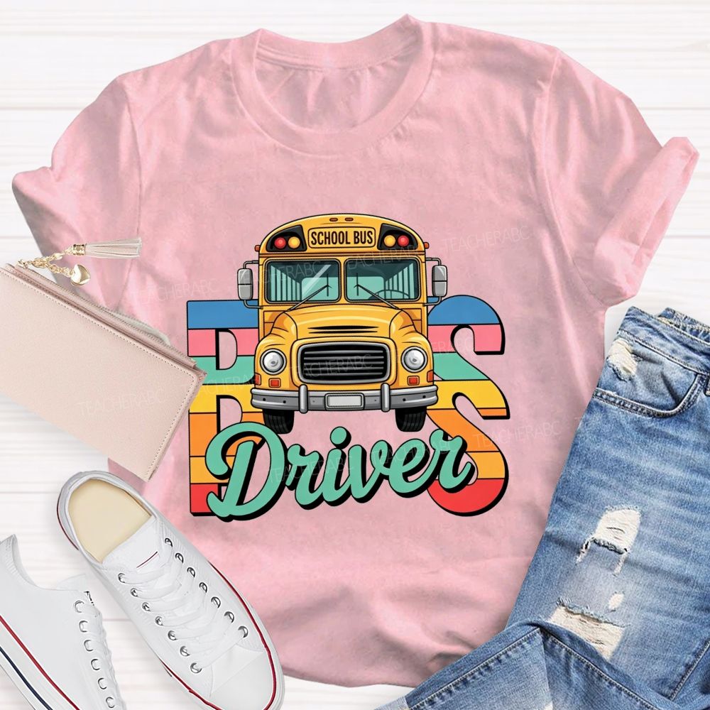 Rainbow Gradient Cartoon School Bus Bus Driver T-shirt