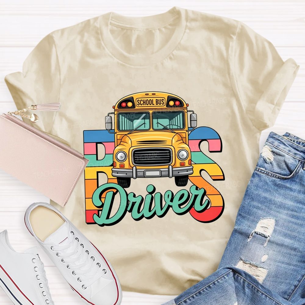 Rainbow Gradient Cartoon School Bus Bus Driver T-shirt