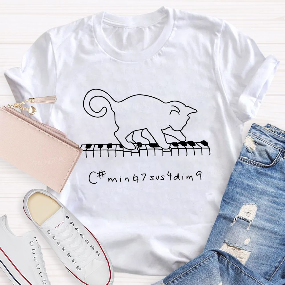 Cute Line Drawing Cat Playing Piano Jazz Chord Graphic Music Teacher T-shirt