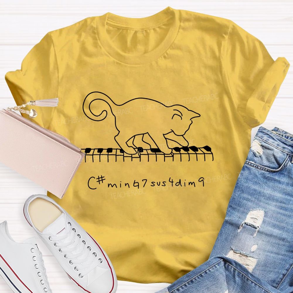 Cute Line Drawing Cat Playing Piano Jazz Chord Graphic Music Teacher T-shirt