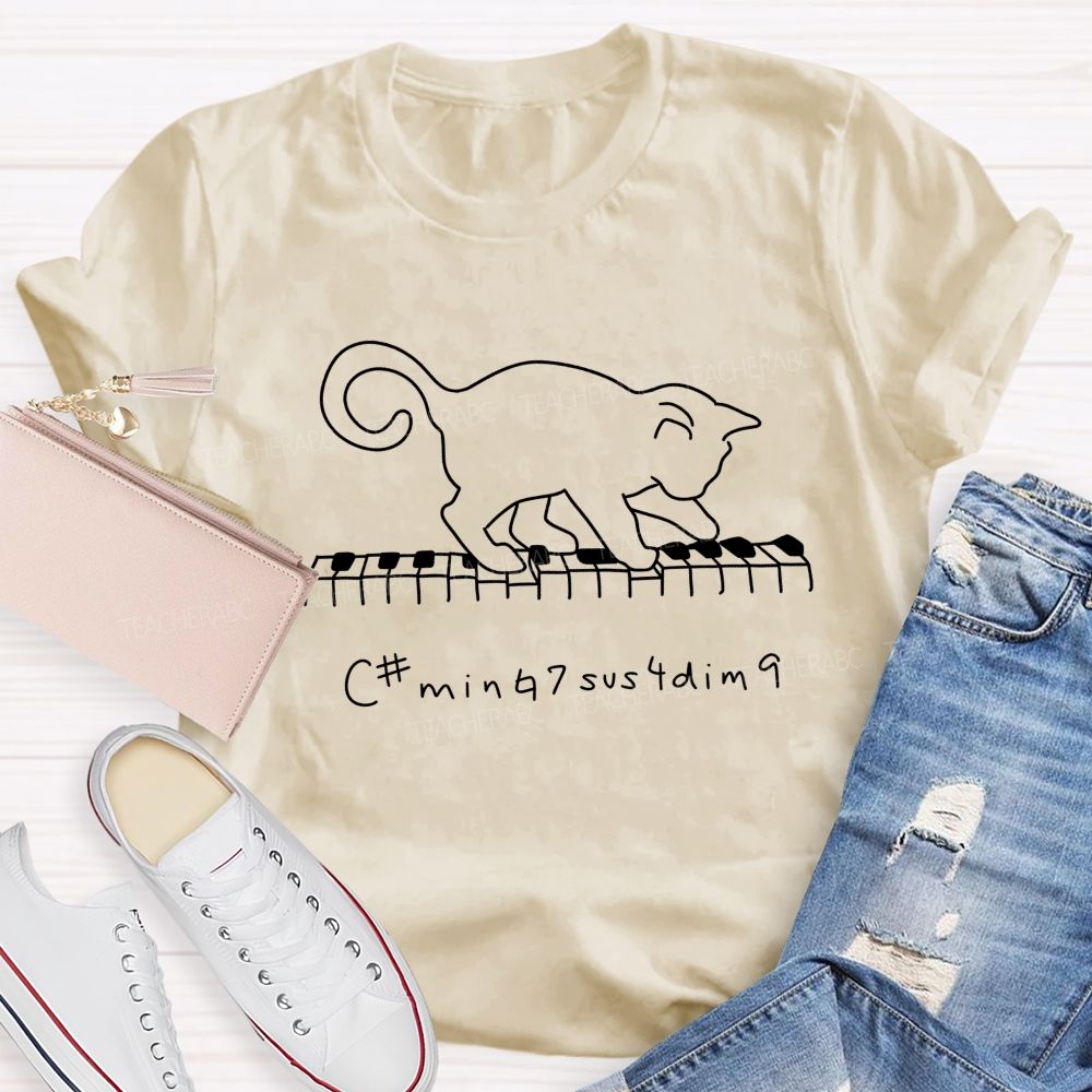 Cute Line Drawing Cat Playing Piano Jazz Chord Graphic Music Teacher T-shirt