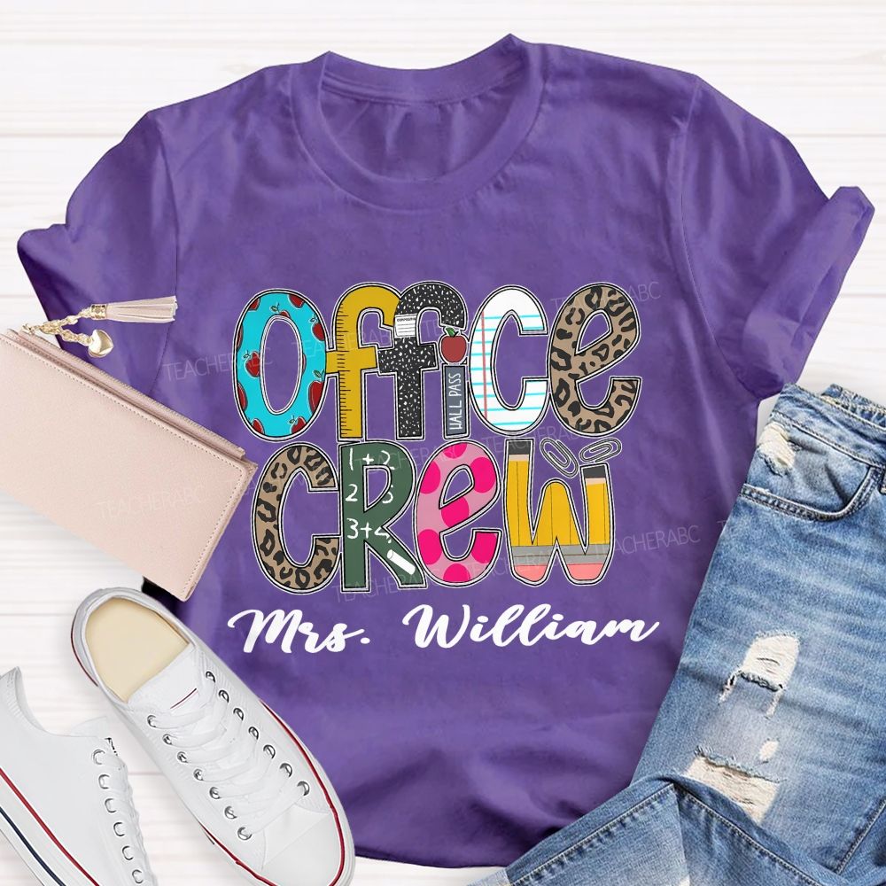 Personalized Name Office Crew Leopard Printed Teacher T-Shirt