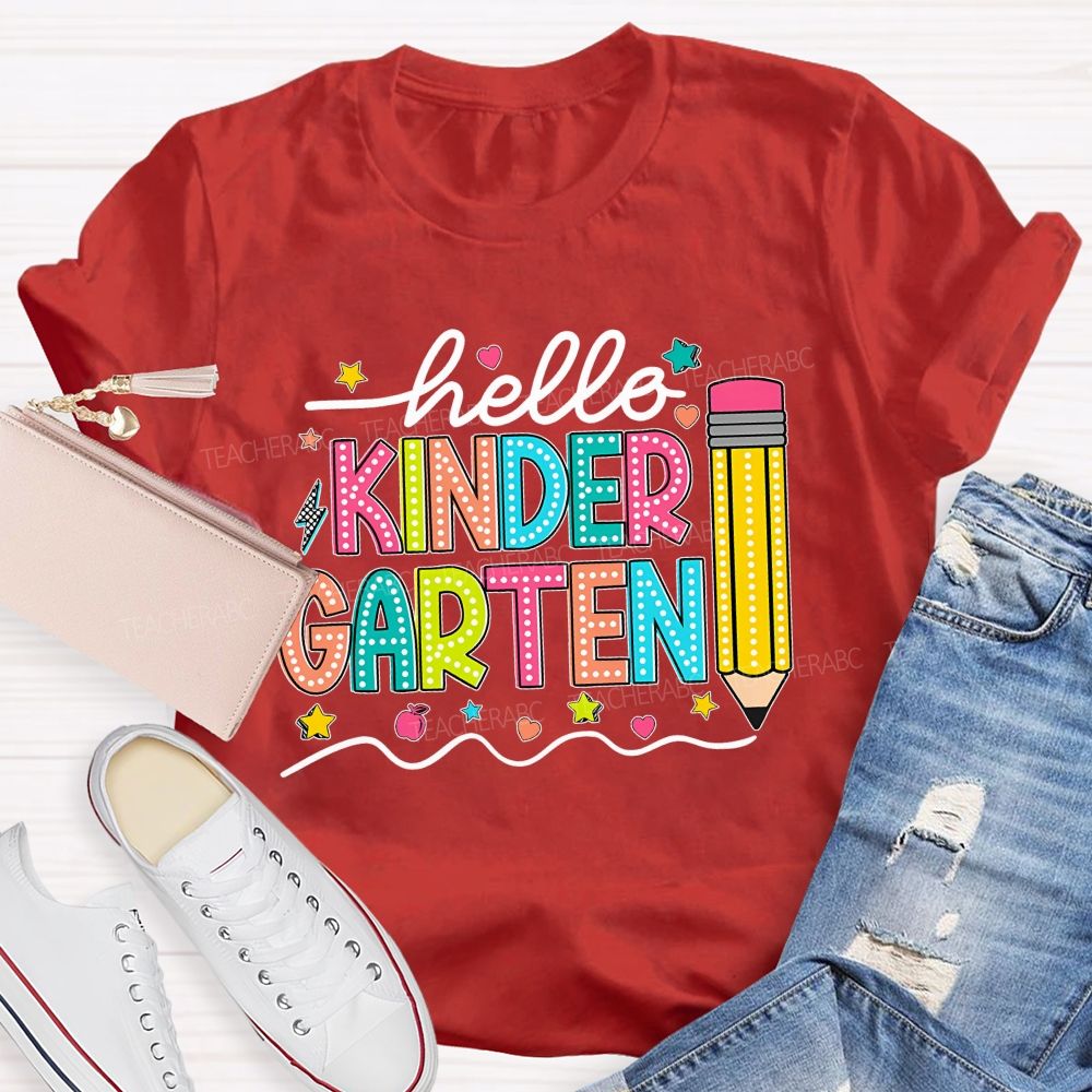 Personalized Grade Hello Kinder Garten Star Pink Apple Pencil  Teacher T-Shirt