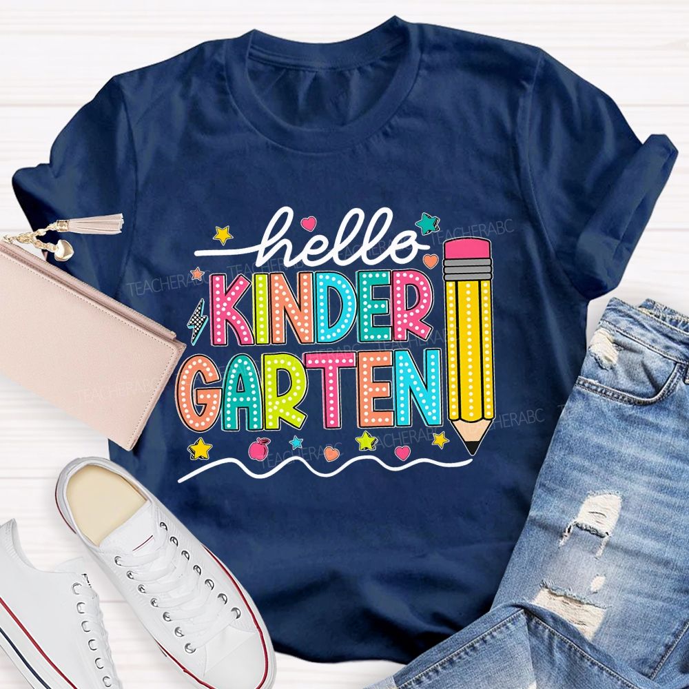 Personalized Grade Hello Kinder Garten Star Pink Apple Pencil  Teacher T-Shirt