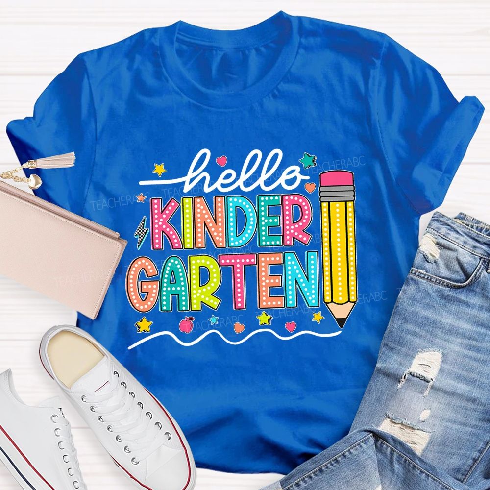 Personalized Grade Hello Kinder Garten Star Pink Apple Pencil  Teacher T-Shirt