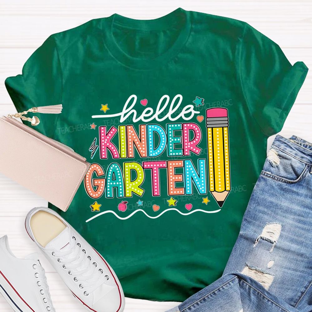 Personalized Grade Hello Kinder Garten Star Pink Apple Pencil  Teacher T-Shirt