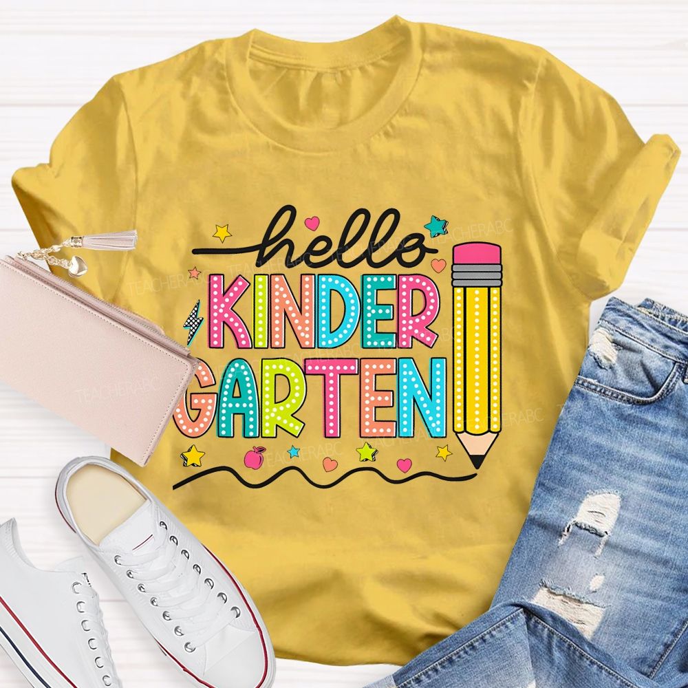 Personalized Grade Hello Kinder Garten Star Pink Apple Pencil  Teacher T-Shirt