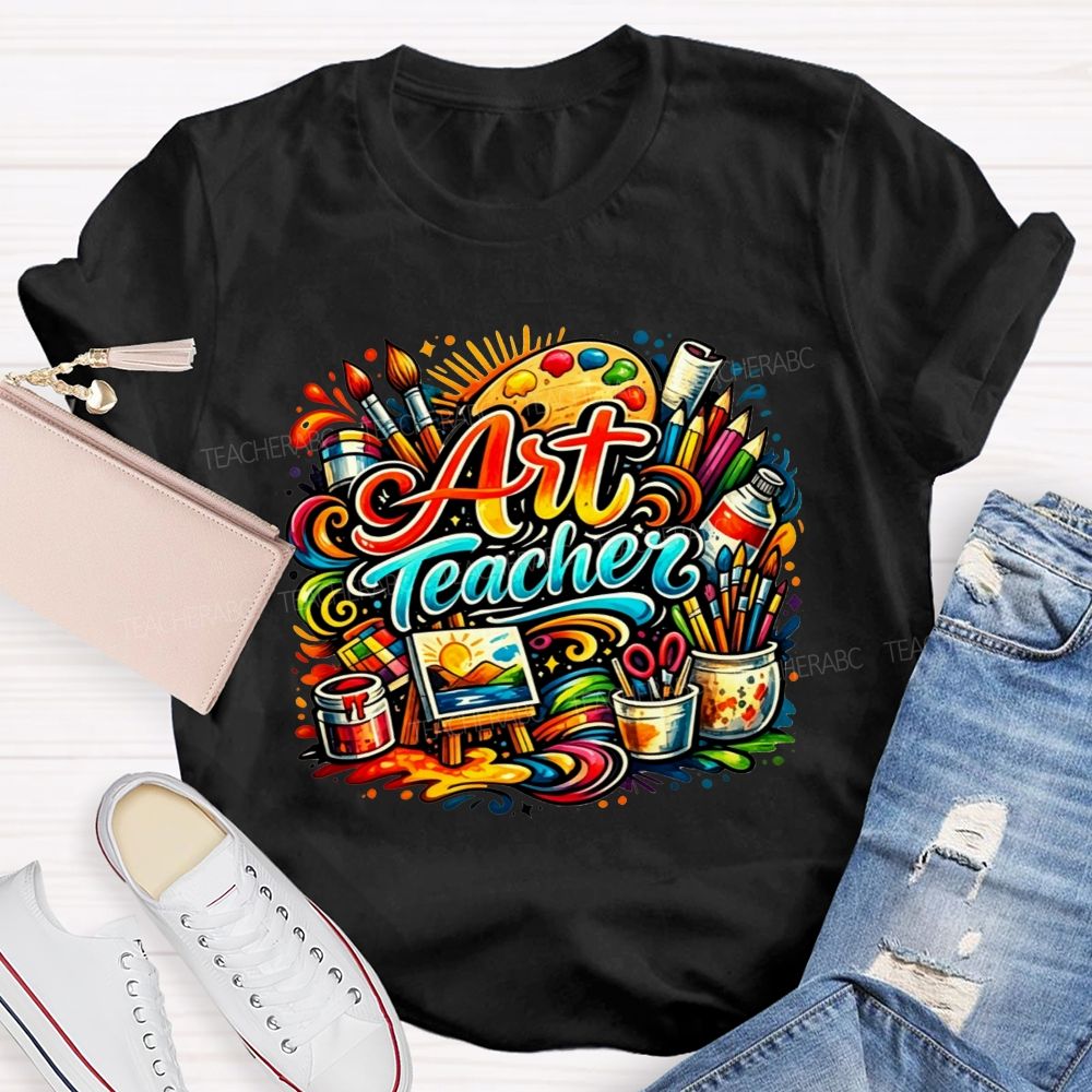 Rainbow Swirl Art Tools Artist Teacher T-shirt