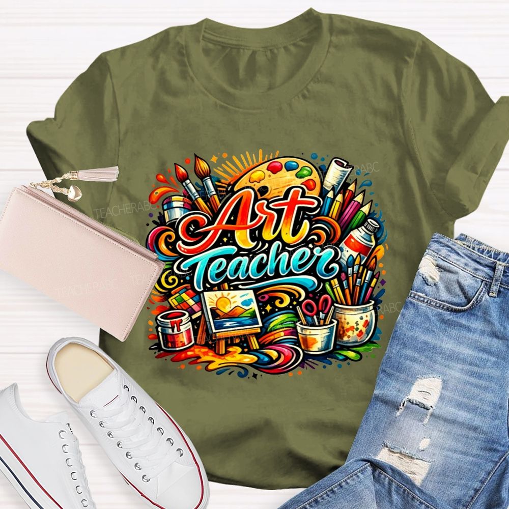 Rainbow Swirl Art Tools Artist Teacher T-shirt