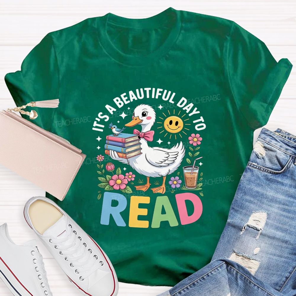 It'S A Beautiful Day To Read Cute Duck Flower Teacher T-shirt