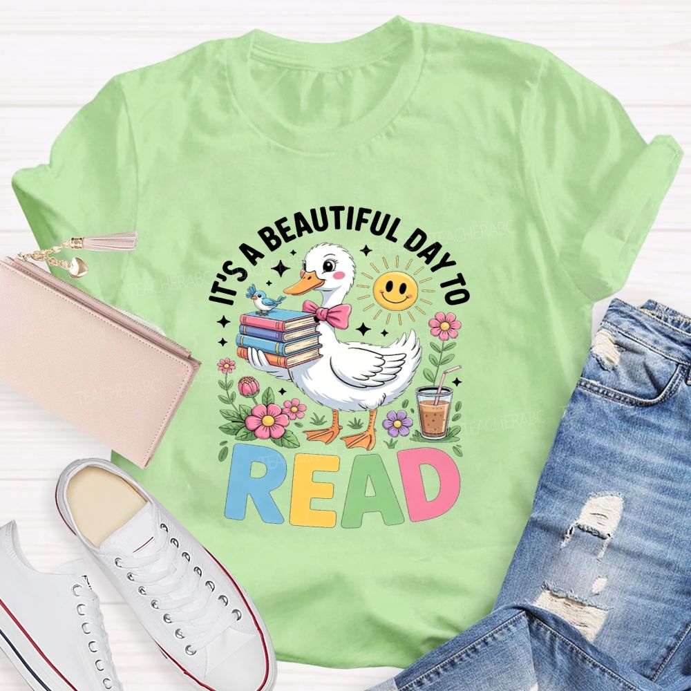 It'S A Beautiful Day To Read Cute Duck Flower Teacher T-shirt