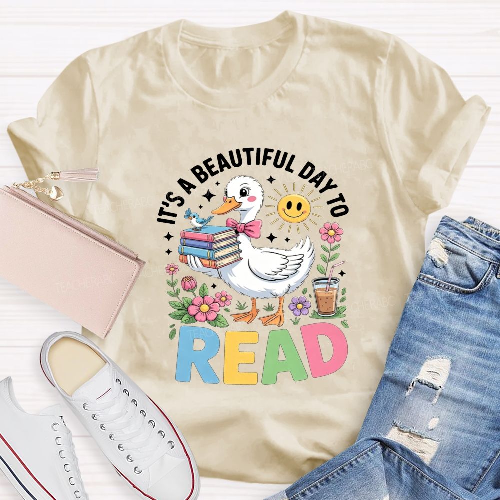It'S A Beautiful Day To Read Cute Duck Flower Teacher T-shirt