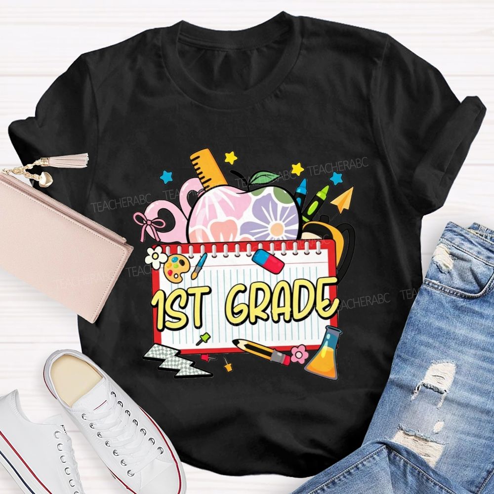 Personalized Grade Floral Apple Notebook Teacher T-shirt