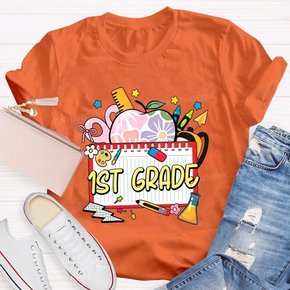 Personalized Grade Floral Apple Notebook Teacher T-shirt