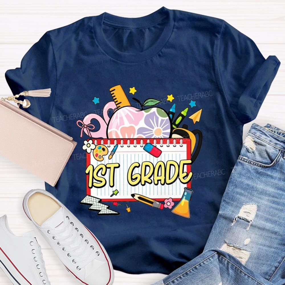 Personalized Grade Floral Apple Notebook Teacher T-shirt