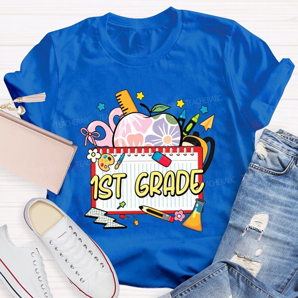 Personalized Grade Floral Apple Notebook Teacher T-shirt