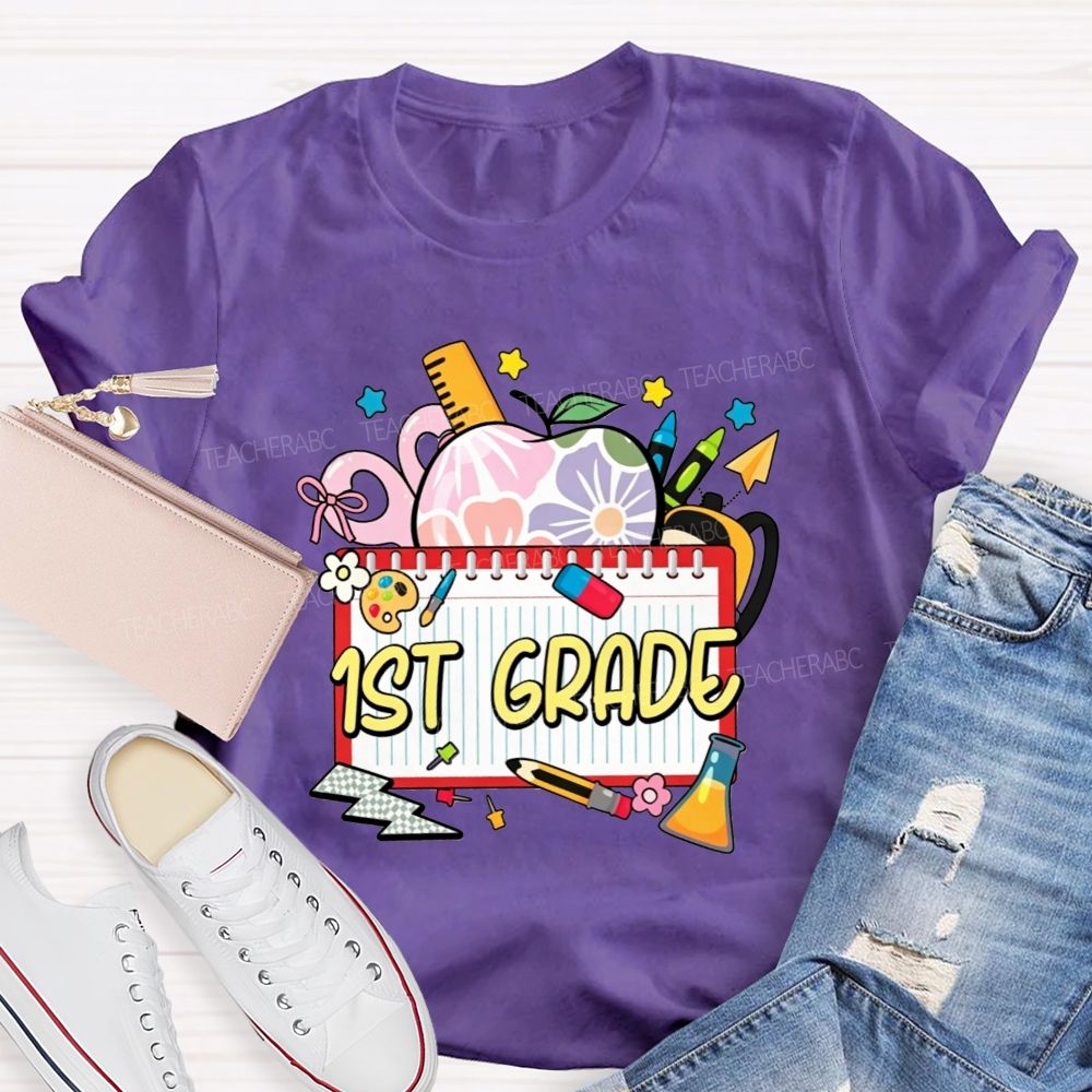 Personalized Grade Floral Apple Notebook Teacher T-shirt