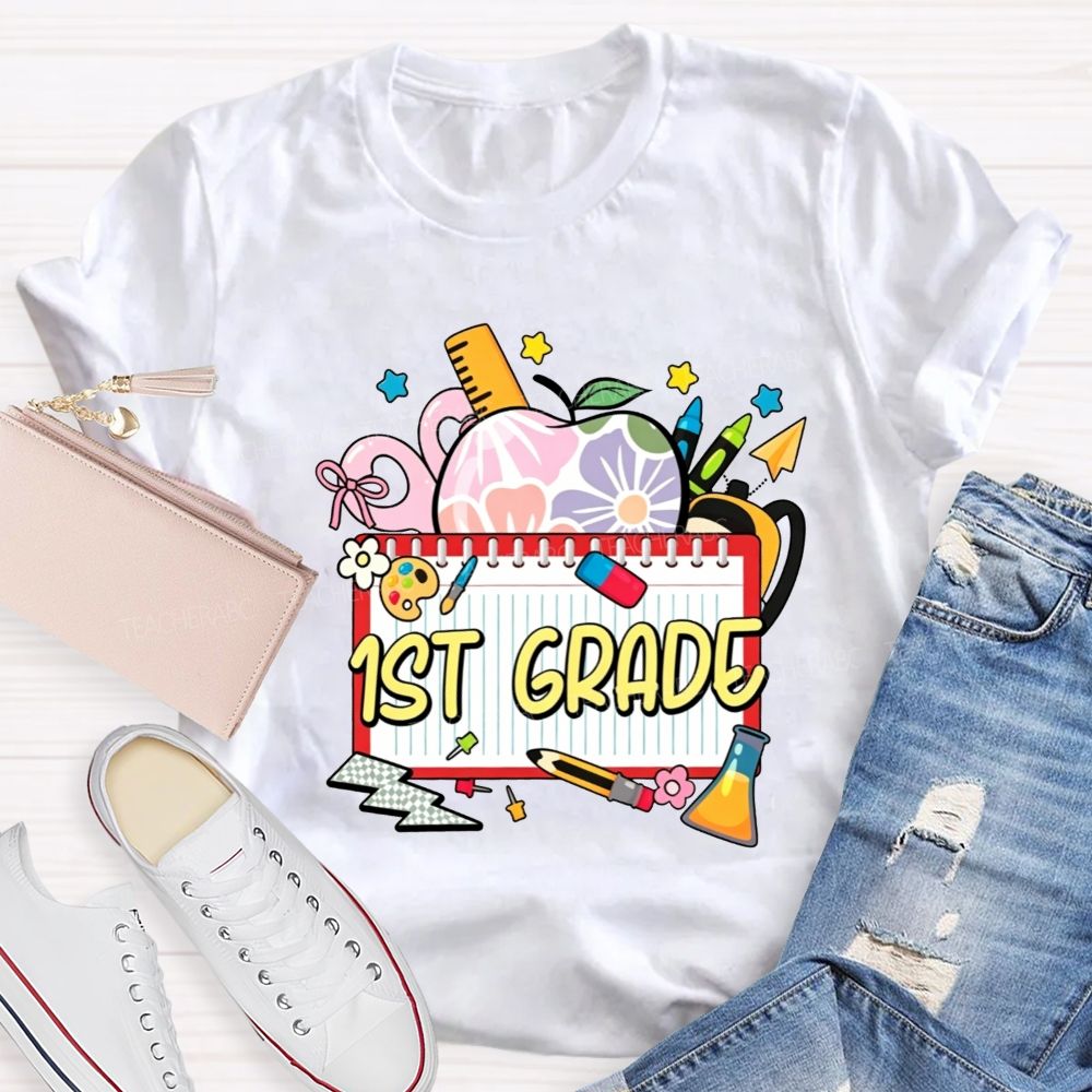 Personalized Grade Floral Apple Notebook Teacher T-shirt
