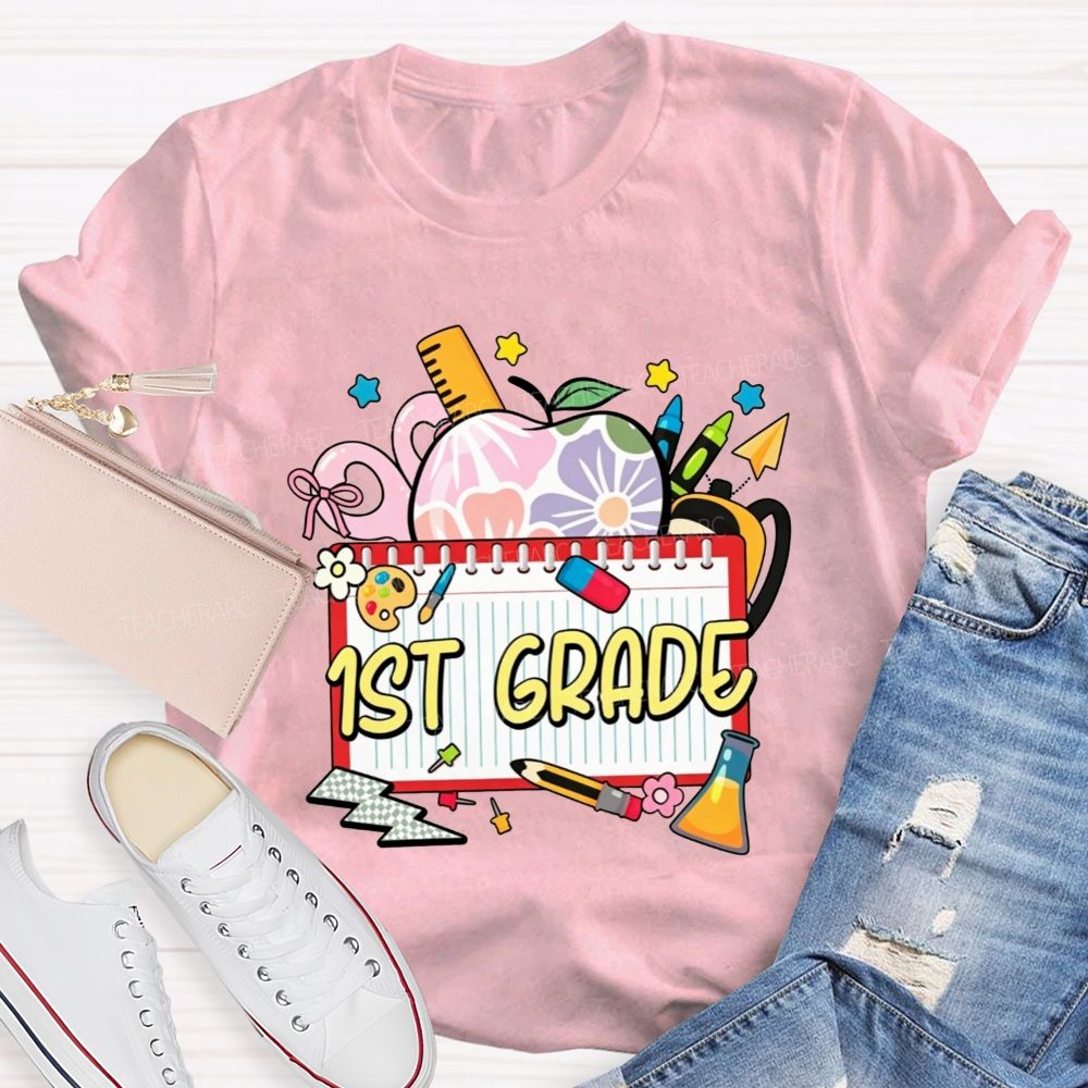 Personalized Grade Floral Apple Notebook Teacher T-shirt