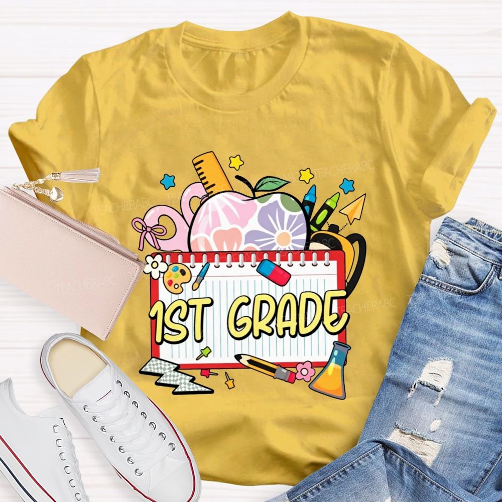 Personalized Grade Floral Apple Notebook Teacher T-shirt