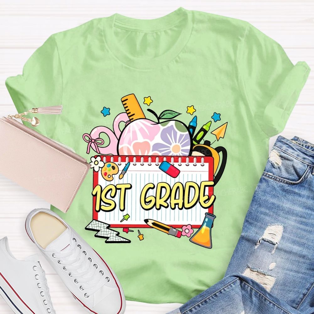 Personalized Grade Floral Apple Notebook Teacher T-shirt