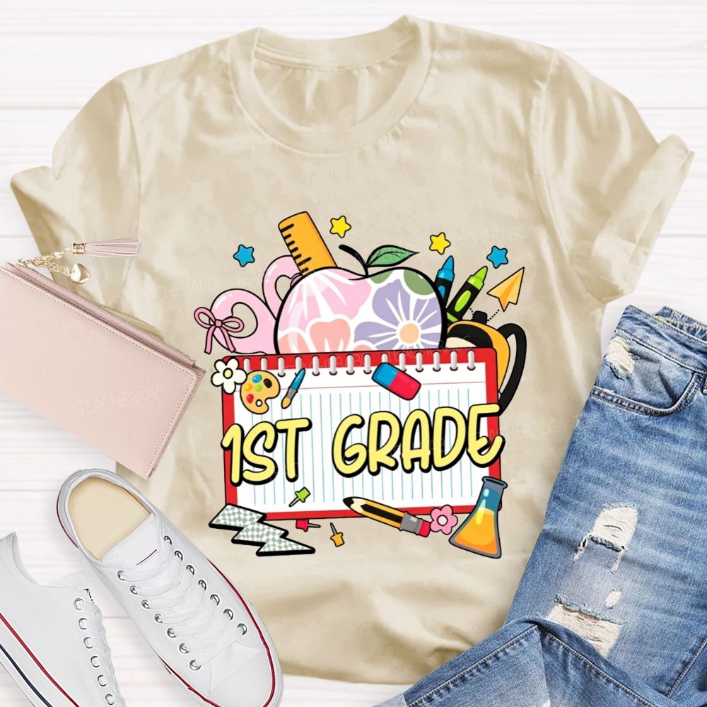 Personalized Grade Floral Apple Notebook Teacher T-shirt